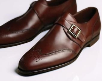 Handgefertigte Herren Braun Leder Brogue Monk Strap formelle Anzugschuhe