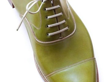 Handmade Men's Olive Green Leather Oxford Shoes for Wedding, Party, Office & Formal Wear
