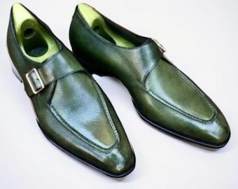 Handgemaakte groene leren herenschoenen met enkele gesp – volnerf leren formele kleding