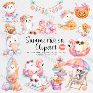 Może przedstawiać: Cyfrowa kolekcja grafik Summerween z akwarelowymi duchami, szkieletami i elementami plażowymi. Tekst głosi Summerween Clipart, 38 Elements, High resolution 300 dpi, Approx. size 15 cm - 25 cm. Zawiera duchy w okularach przeciwsłonecznych, deski surfingowe, flamingi i dynie.