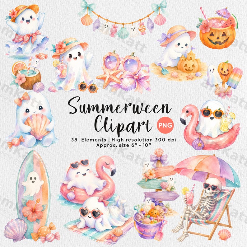 Może przedstawiać: Cyfrowa kolekcja grafik Summerween z akwarelowymi duchami, szkieletami i elementami plażowymi. Tekst głosi Summerween Clipart, 38 Elements, High resolution 300 dpi, Approx. size 15 cm - 25 cm. Zawiera duchy w okularach przeciwsłonecznych, deski surfingowe, flamingi i dynie.