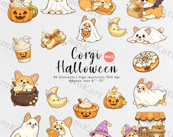 Upiorny Corgi Halloween Clipart PNG, Kostium Duchowej Wiedźmy Dyni, Zabawny Zestaw Rysunków Mamy Psa