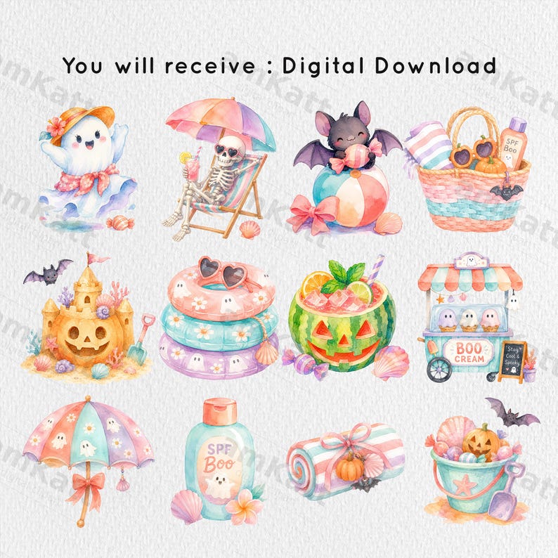 Może przedstawiać: Cyfrowy zestaw ilustracji akwarelowych przedstawiających letnie przedmioty w stylu Halloween, w tym ducha, szkielet na leżaku, nietoperza, kosz plażowy, zamek z piasku, koła do pływania, arbuza oraz w&oacute;zek z lodami typu boo cream.