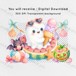 Pakiet clipartów z duchami z plaży Summerween, upiorne lato w formacie PNG zdjęcie 2