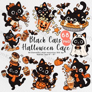Pode incluir: Uma coleção digital de 68 ilustrações de gatos pretos com temas de Halloween, incluindo gatos com abóboras, morcegos, donuts, café e luzes. O texto diz Black Cats Halloween Cafe, 68 PNG, 68 Elements, High resolution 300 dpi.