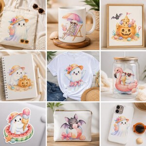 Może przedstawiać: Kolekcja przedmiot&oacute;w z akwarelowymi ilustracjami duch&oacute;w i postaci halloweenowych w letniej scenerii, obejmująca torbę, kubek, oprawioną grafikę, notatnik, koszulkę, szklankę, naklejkę, kosmetyczkę oraz etui na telefon.