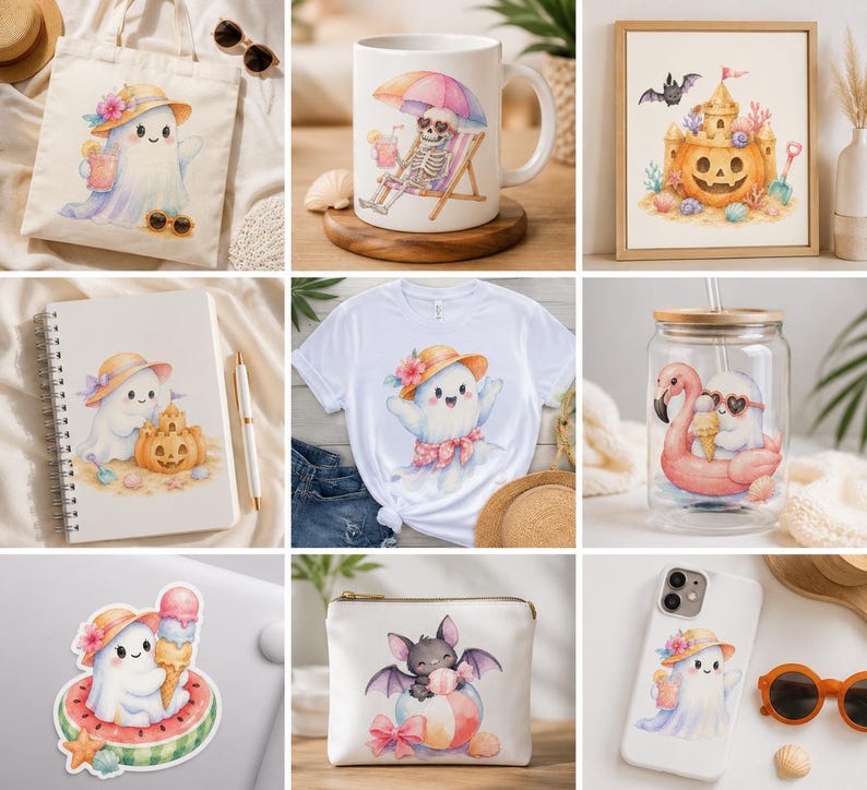 Może przedstawiać: Kolekcja przedmiot&oacute;w z akwarelowymi ilustracjami duch&oacute;w i postaci halloweenowych w letniej scenerii, obejmująca torbę, kubek, oprawioną grafikę, notatnik, koszulkę, szklankę, naklejkę, kosmetyczkę oraz etui na telefon.