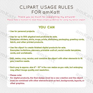 Może przedstawiać: Biała tablica informacyjna z tytułem CLIPART USAGE RULES FOR amKatt. Zawiera wytyczne dotyczące osobistego i komercyjnego wykorzystania grafik z cytrynami, w tym limity dla produkt&oacute;w fizycznych, zasady tworzenia cyfrowego oraz uwagi dotyczące zmiany rozmiaru.