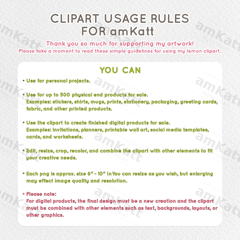 Może przedstawiać: Biała tablica informacyjna z tytułem CLIPART USAGE RULES FOR amKatt. Zawiera wytyczne dotyczące osobistego i komercyjnego wykorzystania grafik z cytrynami, w tym limity dla produkt&oacute;w fizycznych, zasady tworzenia cyfrowego oraz uwagi dotyczące zmiany rozmiaru.