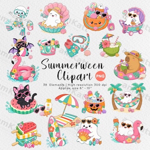May include: A collection of Summerween digital clipart featuring ghosts, a skeleton, a capybara, and a black cat with summer accessories like sunglasses, beach balls, surfboards, and tropical drinks, with the text Summerween Clipart PNG.