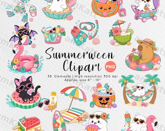 Pakiet clipartów z duchami z plaży Summerween, upiorne lato w formacie PNG