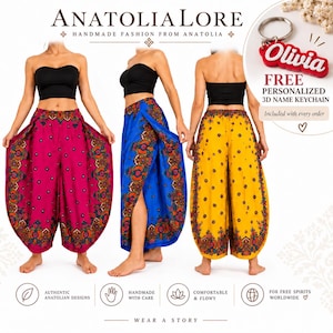 May include: Three pairs of wide-leg trousers in magenta, blue, and yellow, each featuring a black waistband and a colorful floral border pattern. The image includes text reading ANATOLIA LORE and a red 3D keychain with the name Olivia.