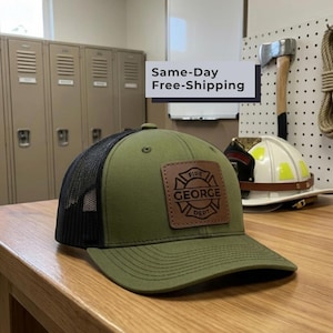 Personalized Firefighter Trucker Hat, Custom Leatherette Patch, First Responder Gift