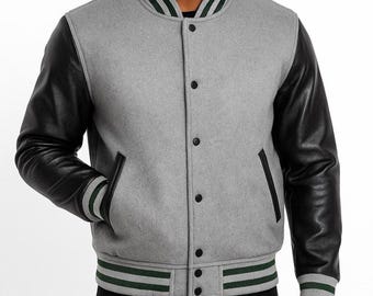 Grey Wool Black Leather Varsity Jacket | Men's Classic Letterman Bomber Coat