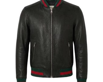Herren Rot Grün Italienische Farbe Streifen Schwarz Strukturierte Echtlederjacke