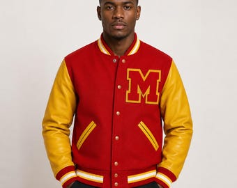 Red Yellow MJ Thriller Varsity Bomber Jacket, Music Fan Streetwear Coat