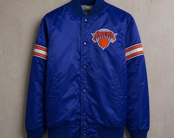 New York Knicks Satin Bomber Jacket, Blue Varsity Basketball Outerwear