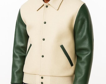 Men's Beige Wool Green Leather Varsity Jacket | Classic Letterman Bomber Style