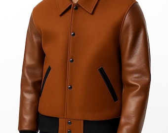Handgefertigte Braune Woll & Leder Varsity Jacke für Männer | Klassische Letterman Bomberjacke | Benutzerdefinierte Baseballjacke