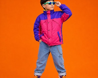 Kids Retro 90s Retro Colorblock Windbreaker Jacket | Ski Pink Purple Jacket | Vintage Olive Tree Inspired Rave Outerwear