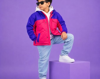 90er Kinder Retro Colorblock Windjacke | Ski Jacke Jugend Ski Pink Lila | Vintage Olivenbaum inspirierte Rave Oberbekleidung