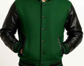 Green Wool Varsity Jacket with Leather Sleeves | Classic Letterman Bomber Coat