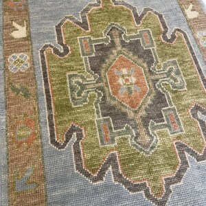May include: A runner rug featuring a light blue field with a central geometric medallion in shades of olive green, charcoal, and terracotta. The border is a tan band decorated with small floral motifs in blue, green, and orange accents.