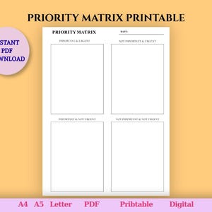 Eisenhower Matrix Printable, Priority Planner PDF, Decision Making Template (Digital Download)