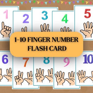Könnte beinhalten: Lernkarten mit den Zahlen 1-10 und passenden Handgesten. Jede Karte zeigt eine Zahl in einer anderen Farbe, mit dem Text "1-10 Finger Number Flash Card" auf einem gelben Rechteck.