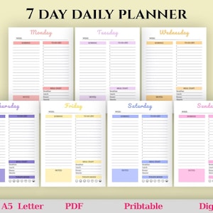 Puede incluir: Un conjunto de planificador diario de 7 días con siete páginas individuales etiquetadas de lunes a domingo. Cada página incluye secciones para un horario, lista de tareas, diario de comidas y notas, con encabezados coloridos.