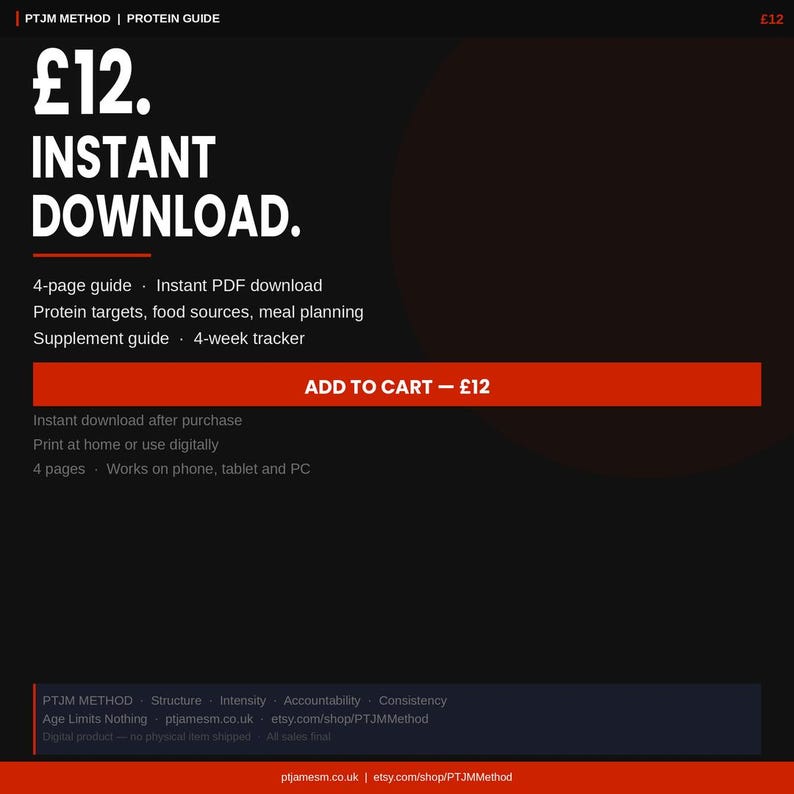 May include: A digital product advertisement with a black background. The text reads "&pound;12. INSTANT DOWNLOAD." and "ADD TO CART - &pound;12." Details include a 4-page guide, protein targets, food sources, meal planning, and a 4-week tracker.