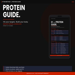 May include: A digital product advert with the title "PROTEIN GUIDE" in white text on a black background. The image includes a smartphone displaying a guide, and the text "Hit your targets. Build your body."