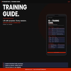Może przedstawiać: Cyfrowy przewodnik treningowy z tytułem "TRAINING GUIDE" w dużym białym tekście. Przewodnik zawiera tekst "Lift with purpose. Every session." i "Instant digital download." Obrazek przedstawia również smartfon.