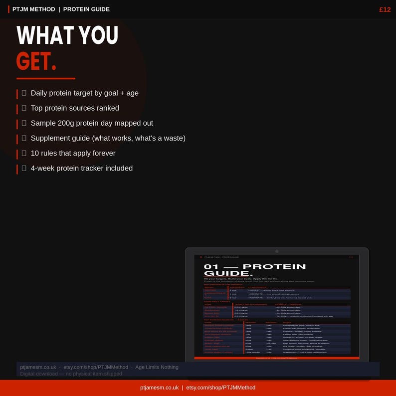 May include: A digital protein guide displayed on a laptop screen, with the title "01 - PROTEIN GUIDE." The image shows a list of the guide's contents, including a daily protein target, top protein sources, and a 4-week protein tracker. The background is black.
