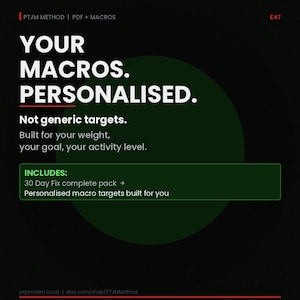 Op de afbeelding: Advertentie voor een digitaal product met de tekst "YOUR MACROS. PERSONALISED." op een donkergroene achtergrond. De tekst bevat "Geen generieke doelen" en "Gebouwd voor uw gewicht, uw doel, uw activiteitenniveau". Bevat een "30 Day Fix complete pack" en gepersonaliseerde macrodoelen.