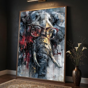 Abstract Elephant Portrait Wall Art, Red Glasses Animal Painting, Urban Contemporary Canvas