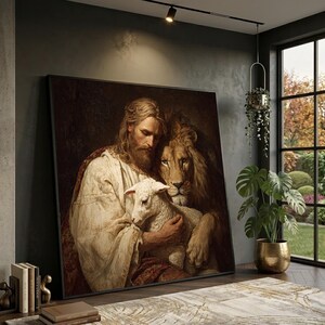 Jesus with Lamb and Lion Large Wall Art, Christian Religious Decor, Warm Earth Tones