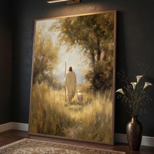 Jesus with Lamb Large Wall Art, Christian Shepherd Painting, Warm Neutral Tones, Religious Decor