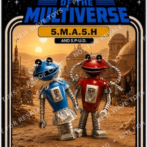 May include: A collectible action figure blister card titled Misfits of the Multiverse featuring two robot figures, one blue and one red, with metallic bodies, silver accents, and antennae. The packaging includes the text 5.M.A.5.H and 5.P-U.D.