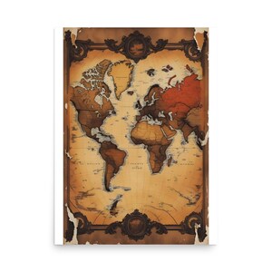May include: A sepia-toned world map print with a vintage aesthetic. The map shows continents and oceans, framed by a dark brown, ornate border. The paper has a distressed look, with torn edges, giving it an aged appearance.