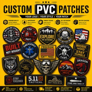 May include: A collection of custom PVC patches displayed on a yellow background. The patches feature various designs including skulls, flags, animals, and text such as 'Built Not Bought', 'Explore The Outdoors', and 'Stay Focused' in diverse shapes.