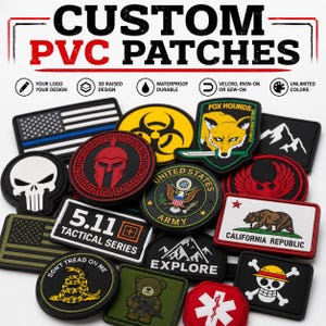 May include: A collection of custom PVC patches featuring various designs including a US flag, a Spartan helmet, a fox, a bear, a skull, and military emblems. The text CUSTOM PVC PATCHES appears at the top with icons for logo, 3D design, and backing options.