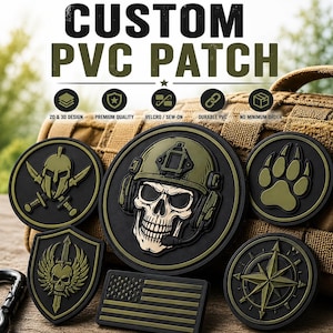 May include: A collection of custom PVC patches featuring olive green and black designs, including a skull in a tactical helmet, a spartan helmet with crossed swords, a bear paw print, a compass rose, a winged skull shield, and a rectangular US flag.