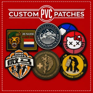 May include: A collection of six custom PVC patches featuring various designs, including a lion with a beret, a mountain landscape, a cartoon cat, a sports logo with runners, a medical emblem, and a tactical graphic with the text "I'M DISCIPLINED."