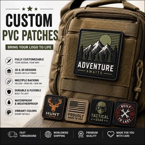 May include: A collection of rectangular PVC patches featuring various designs including a mountain landscape with the text ADVENTURE AWAITS, a deer head with HUNT MORE, an American flag, a tactical helmet, and a wrench logo with BUILT TO LAST.
