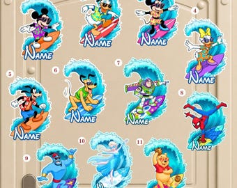 Personalized Disney Surfing Cruise Door Magnet, Mickey & Friends At The Beach Magnet, Summer Beach Disney Character Decor, Summer Gift