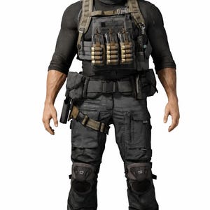 Può includere: Un action figure tattico con capelli scuri, che indossa una maglietta nera a maniche lunghe, pantaloni cargo neri e stivali neri. La figura è dotata di un gilet tattico grigio con tre tasche per caricatori, una cintura e ginocchiere nere.