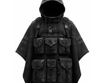 Poncho tattico nero con cappuccio / Mantello tecnico multiuso / Mantello streetwear cyberpunk