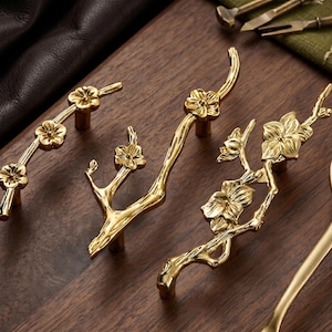 Gold Branch Cabinet Knobs and Drawer Pulls Floral Tree Twig Handles Vintage Brass Furniture Hardware Kitchen Dresser Cupboard Decor