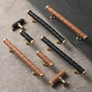 Leather Cabinet Handles Leather Wrapped Drawer Pulls Luxury Brass Gold Furniture Hardware Modern Kitchen Wardrobe Dresser Knobs Bar Pulls